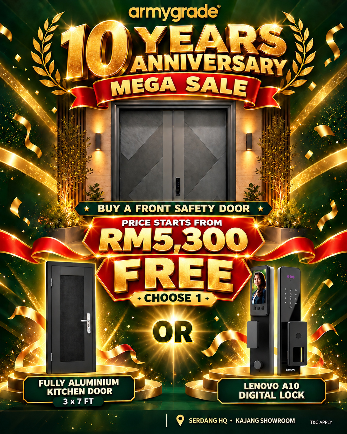 10th Anniversary safety door promotion from RM5,300 with a choice of free kitchen door or Lenovo A10 digital lock